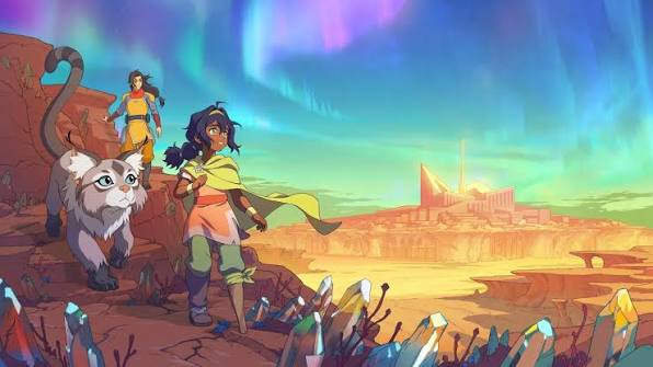 Een personage met een wit dier in een rotslandschap onder het noorderlicht, uit Avatar: Seven Havens