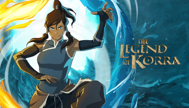 Korra in vechthouding naast het logo van The Legend of Korra