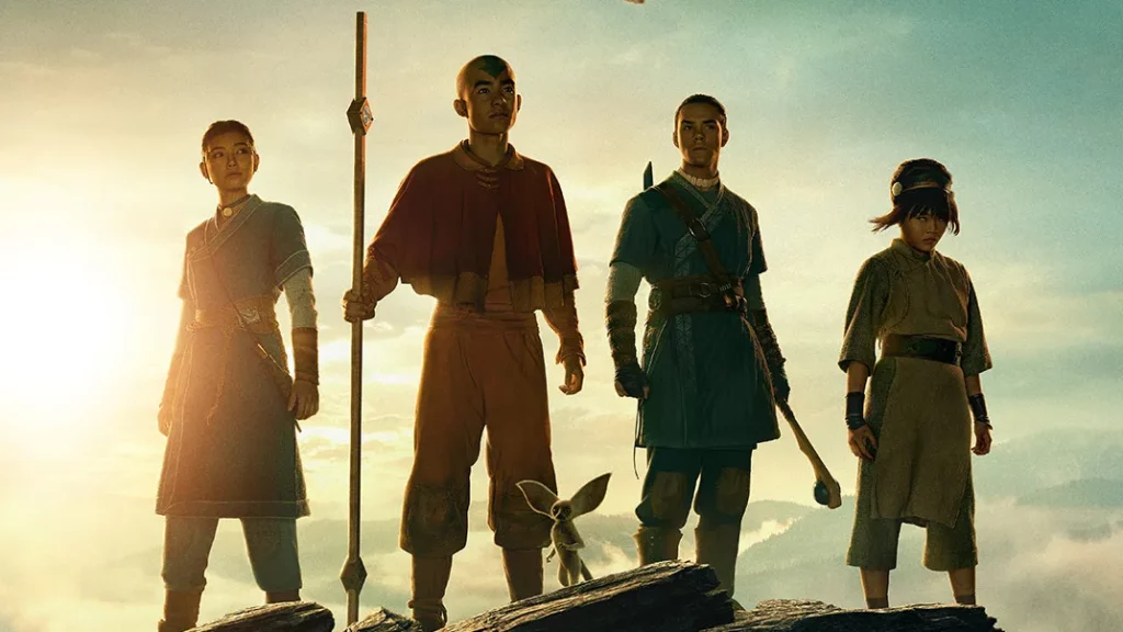 Aang, Katara, Sokka en Toph op een rots in de live-actionserie Avatar: The Last Airbender van Netflix