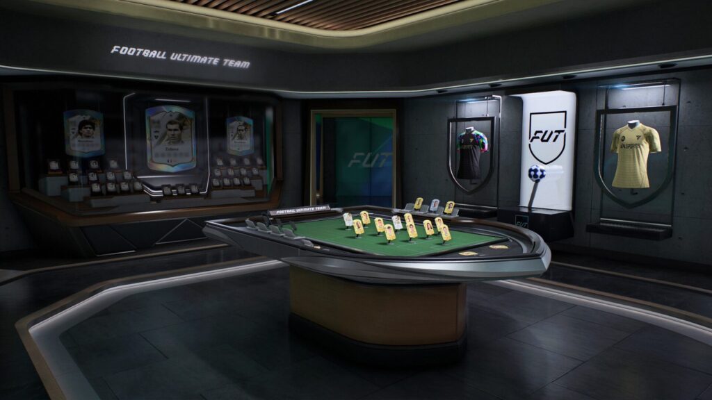 EA Sports FC 27: het clubhuis van Ultimate Team met spelerskaarten in vitrines en een tactiektafel