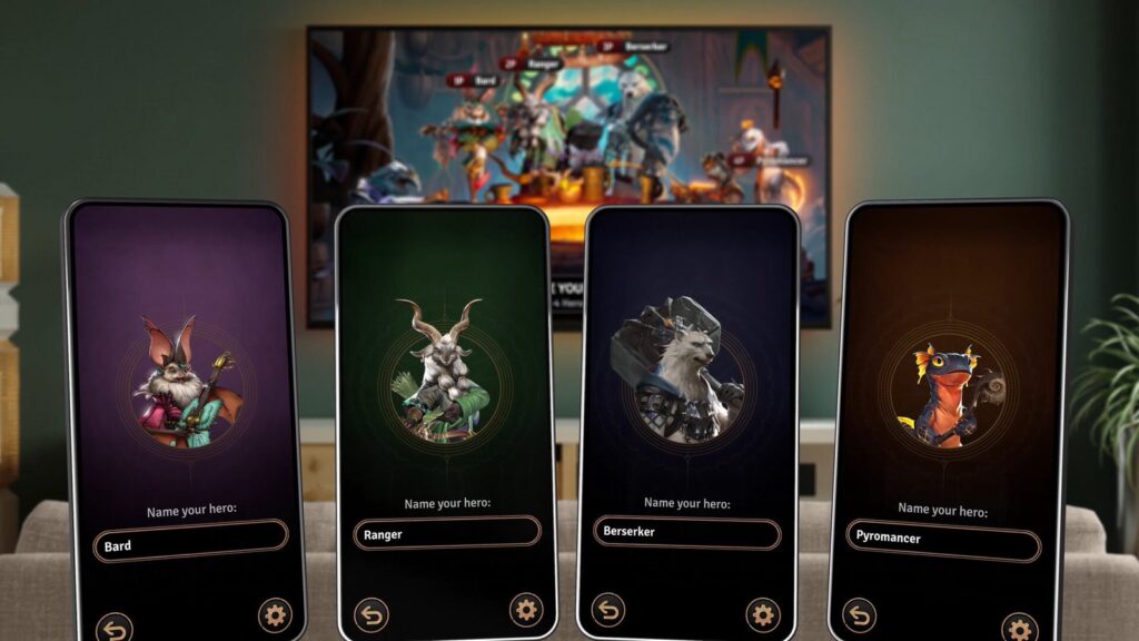Sunderfolk: vier telefoons met elk een personage, met het spel op de tv erachter